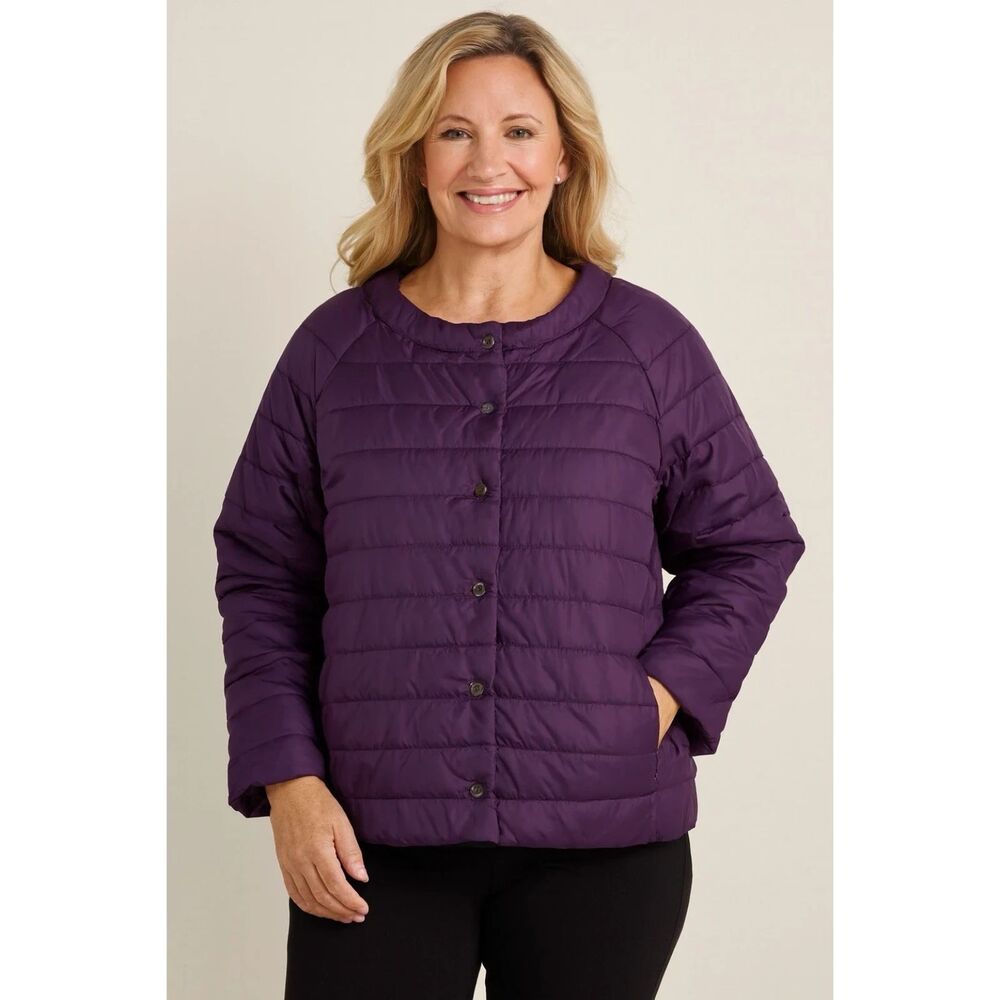 LOGO Lori Goldstein Puffer Jacket Womens Sz M Purple quilted snap cropped casual
